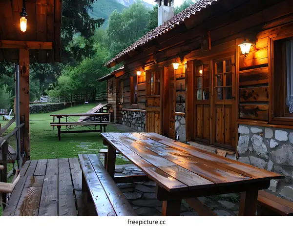 Wooden table and benches in front of a wooden house in the mountains