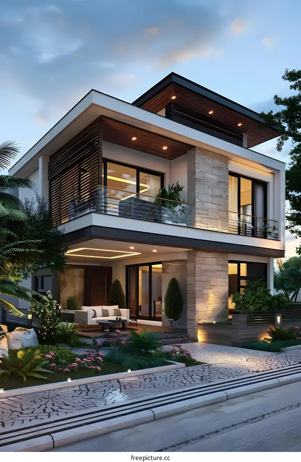 A modern house with a beautiful garden