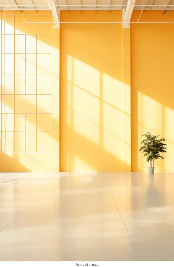 Bright yellow room with large windows and a potted plant