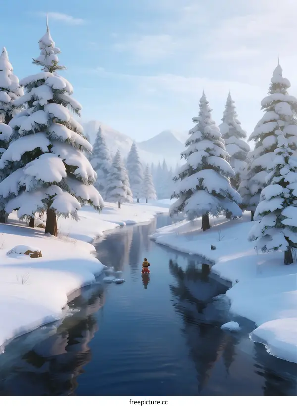 A Person Fishing in a Snowy Winter Stream with Snow-Covered Trees