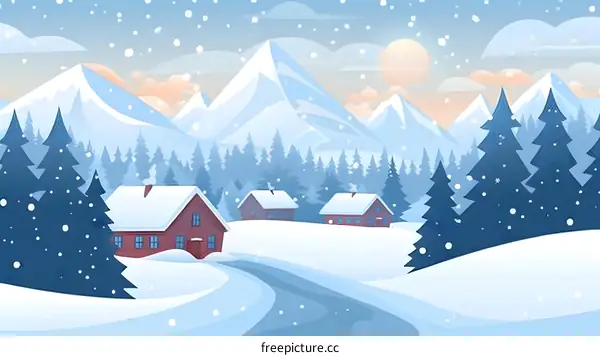 Snowy Winter Landscape with Houses and Mountains