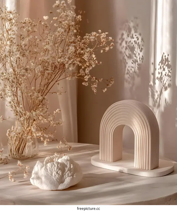 White Arch Sculpture with Dried Flowers and a White Stone on a Table