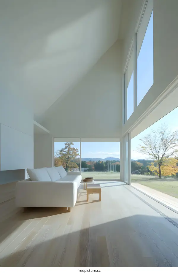 Modern Minimalist Living Room with Large Windows and View of Nature