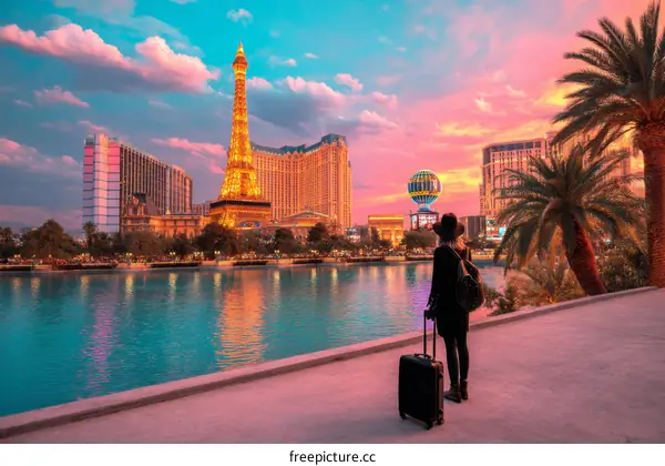 Evening View of the Las Vegas Strip with a Traveler