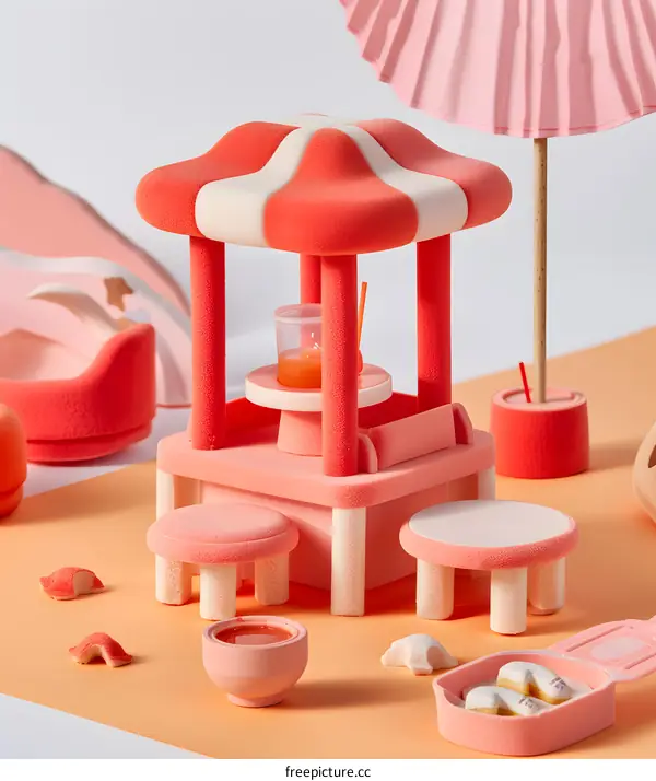 Miniature Pink Beach Scene with Food Stand and Parasol