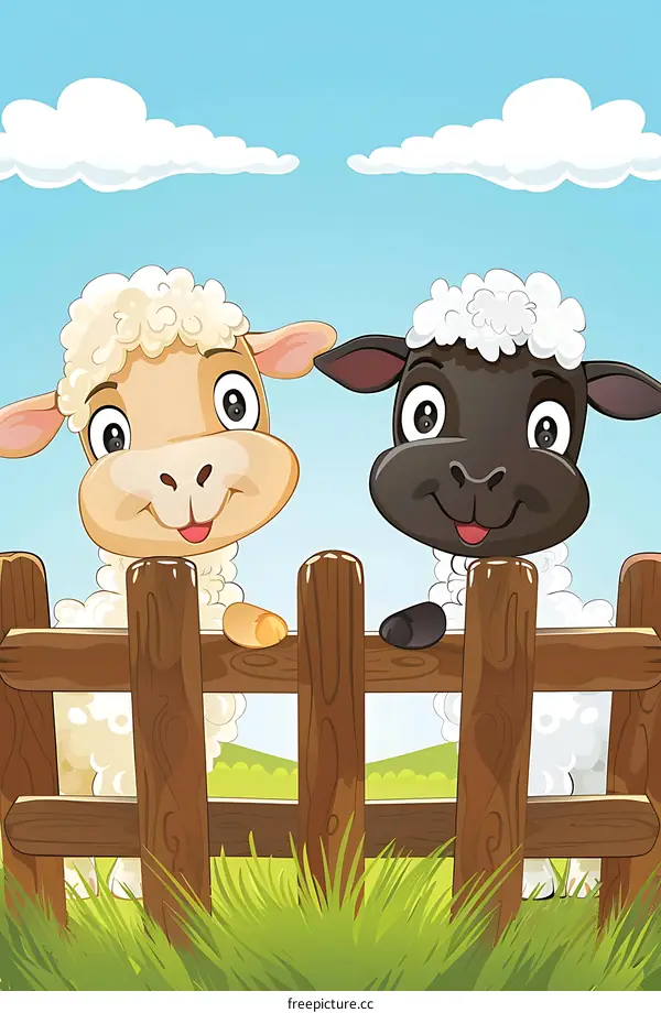 Two Cartoon Sheep Looking Over Fence
