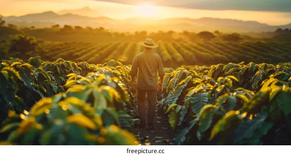 A farmer wearing a straw hat walks through a coffee plantation at sunset