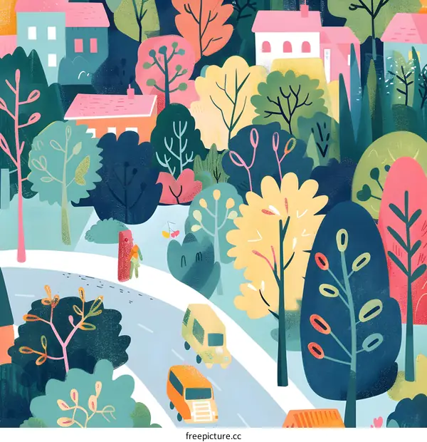 Colorful Illustration of a Winding Road Through a Forest