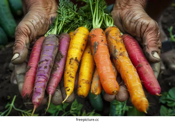 A farmer holds a handful of freshly harvested carrots.