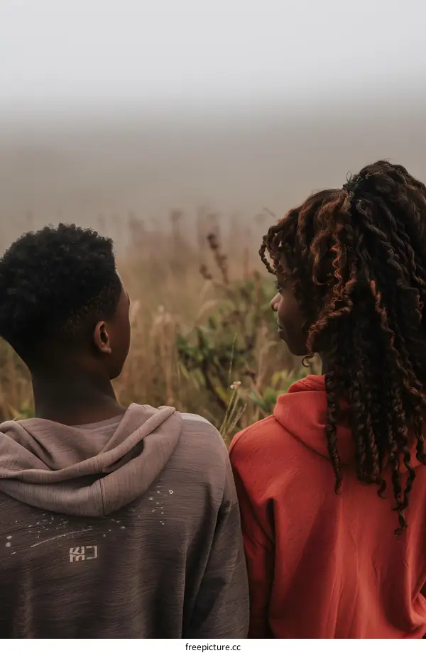 Two People Back to Back Looking at the Horizon in the Fog