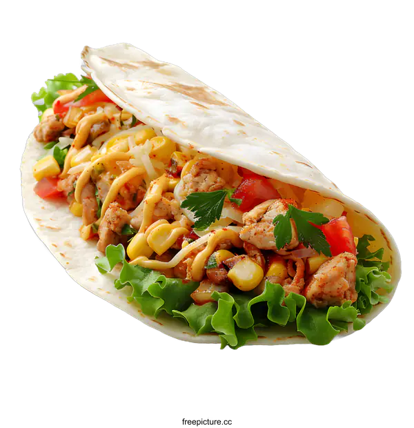 [Transparent Background PNG]Chicken taco with corn, lettuce and tomato