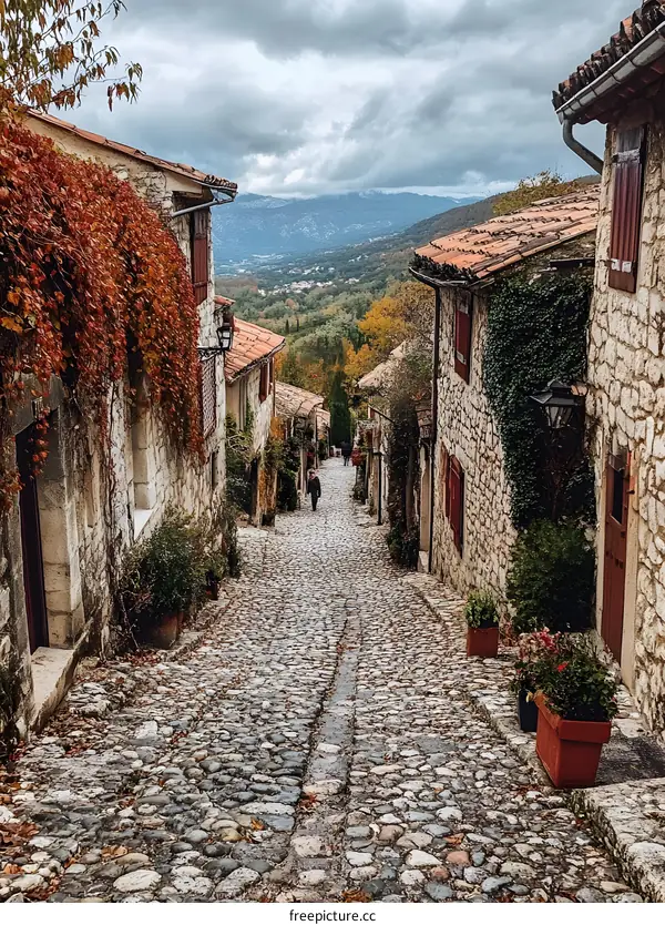Cobblestone Street in a Picturesque European Village with Autumn Foliage