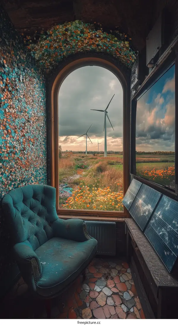 Rustic Interior with Window View of Wind Turbines