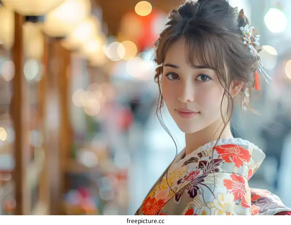 Portrait of a beautiful Japanese woman in traditional kimono