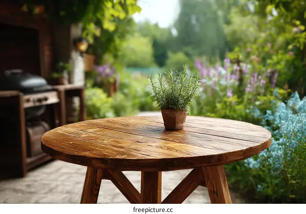 Rustic Outdoor Wooden Table with Garden View