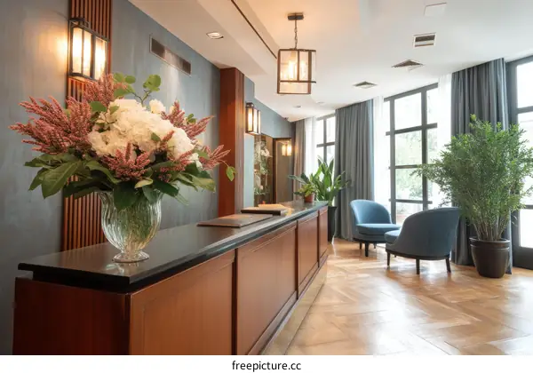 Hotel Lobby Interior with Floral Arrangement and Seating