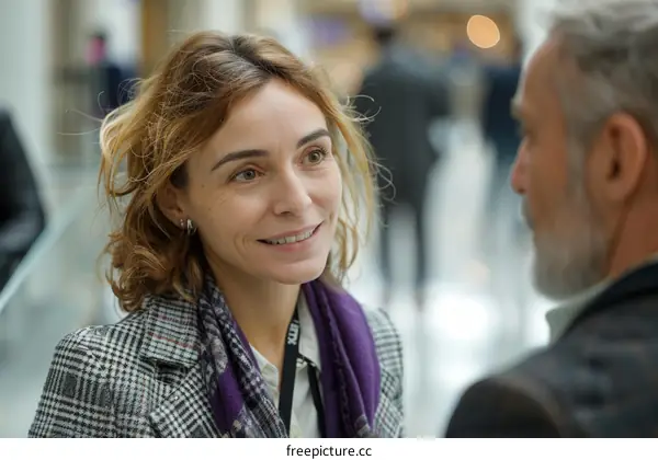 Smiling businesswoman talking to male colleague in office