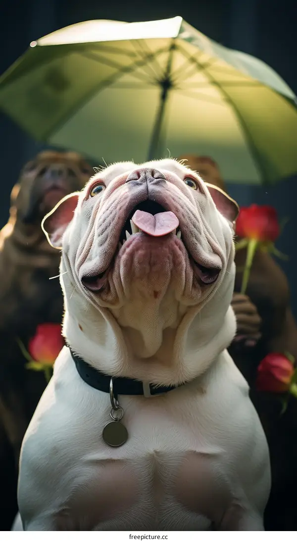A happy looking white English Bulldog with a black collar and tag looks up at a green umbrella held by a person