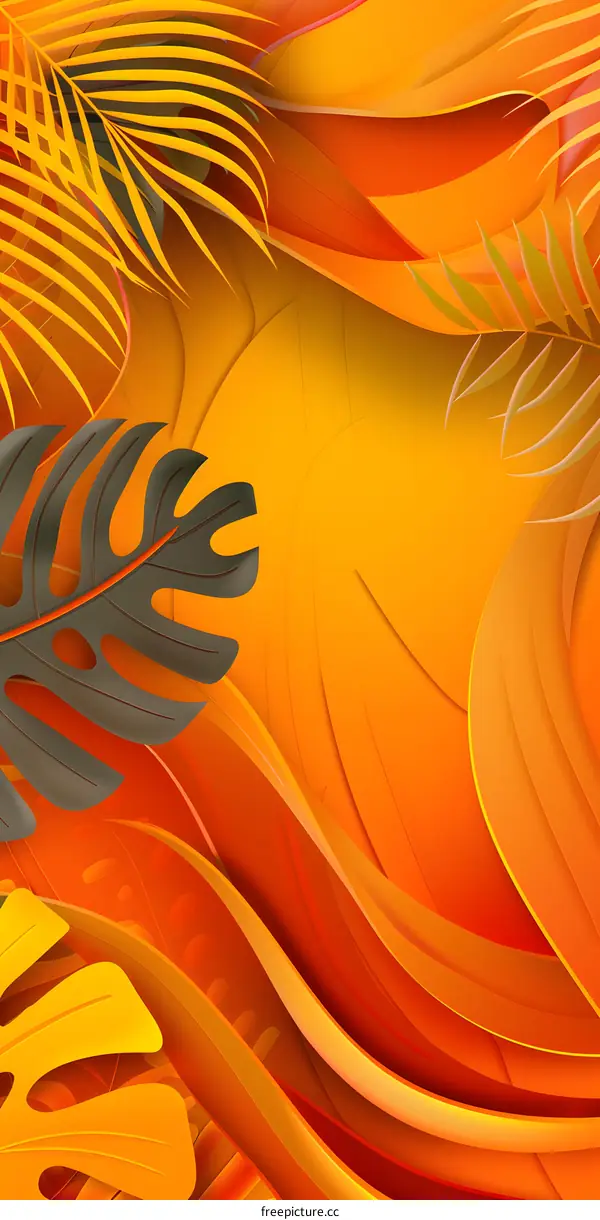 Abstract Orange Background with Palm Leaves
