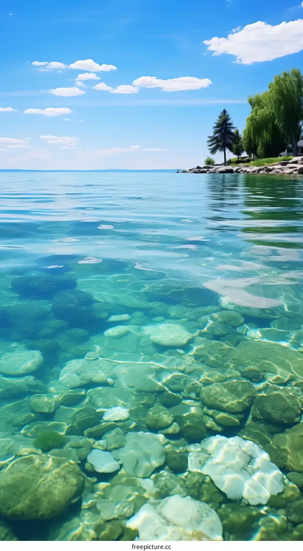 clear lake water with rocks on sunny day