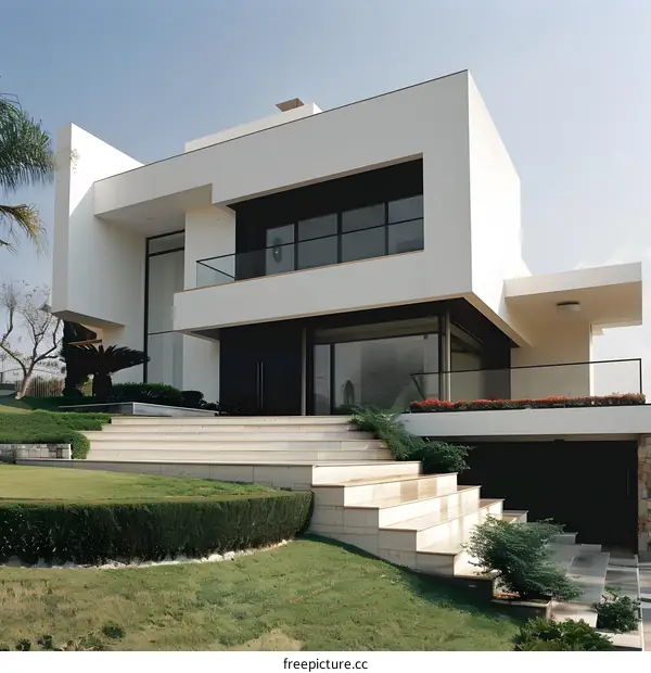 Modern White House with Stairs and Landscaping