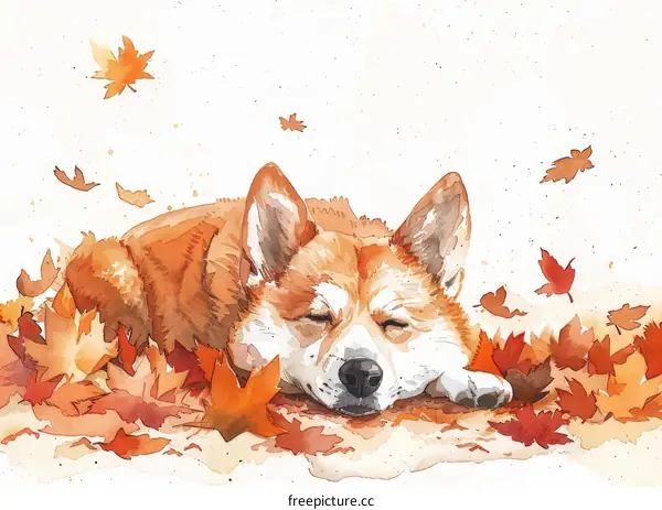 corgi dog sleeping in a pile of autumn leaves