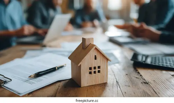 Real Estate Transaction Meeting with Wooden House Model