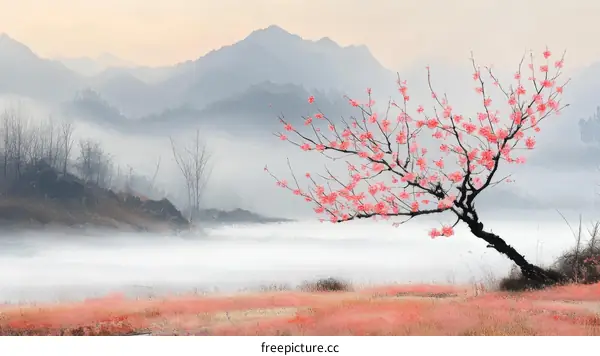 Misty Mountain Scenery with Blossoming Cherry Tree