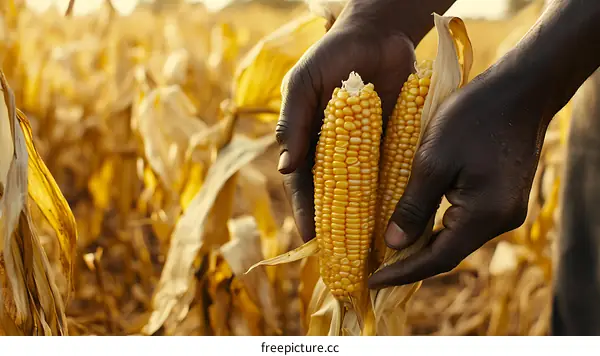 Farmer Holding Corn Cob in a Field