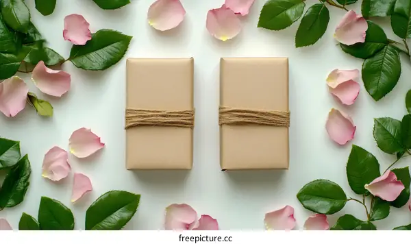 Two Gift Boxes Framed by Flowers and Leaves