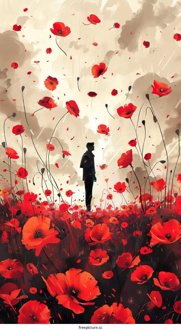Man standing alone in a field of red flowers