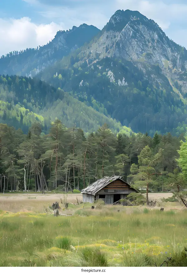 Abandoned Wooden Hut in a Mountain Valley