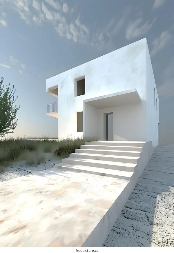 Modern White House With Stairs And Grass