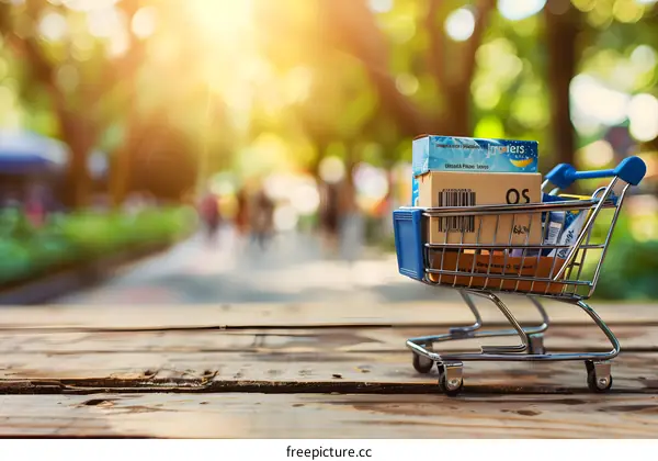 Shopping Cart With Boxes On Wooden Table