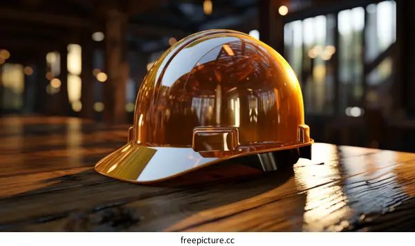 Orange Hardhat on Wooden Table