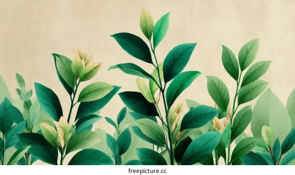 Botanical Illustration of Lush Green Leaves and Flowers