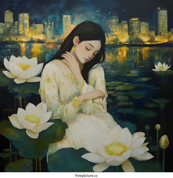 Nighttime Cityscape with Woman and Lotus Flowers