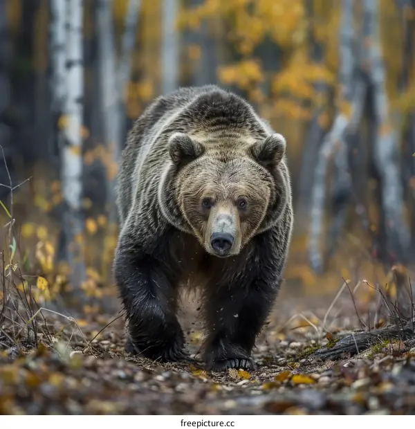 Close up of a large male grizzly bear walking through the woods