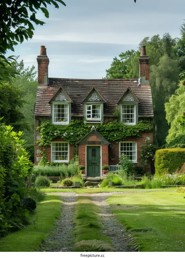Small English country cottage surrounded by greenery
