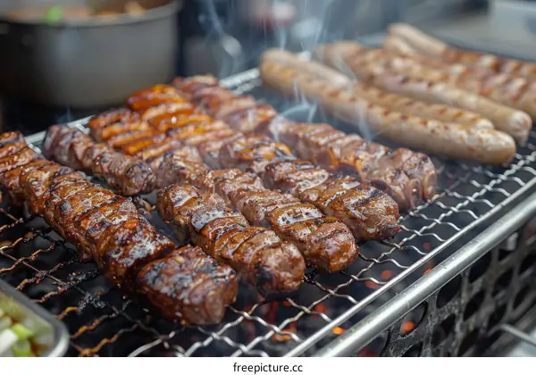 A variety of meats and sausages are grilled on a metal grate over an open flame.