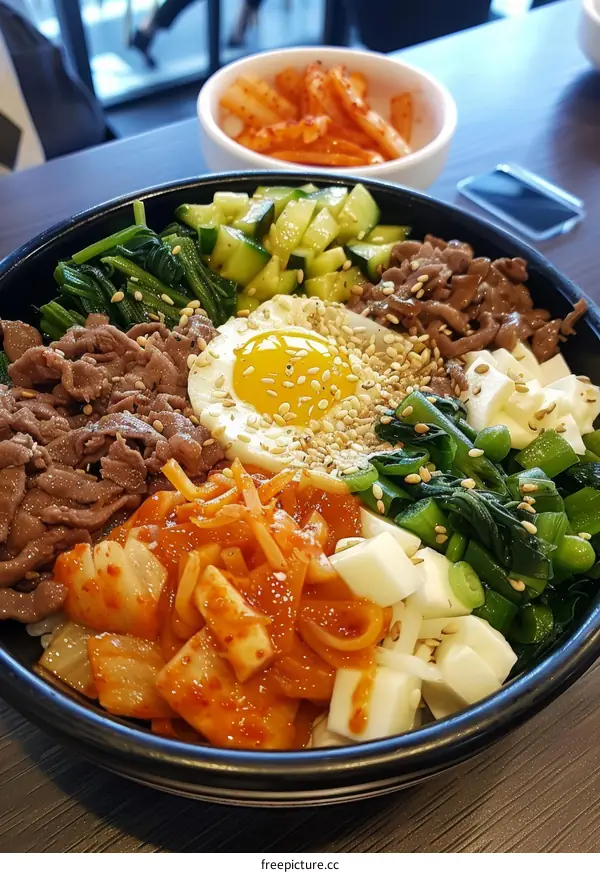 Delectable Korean Bibimbap with Beef, Egg, Spinach & Kimchi: A Culinary Delight