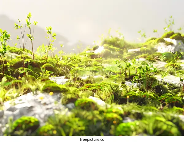 Green Mossy Landscape with Lush Plants