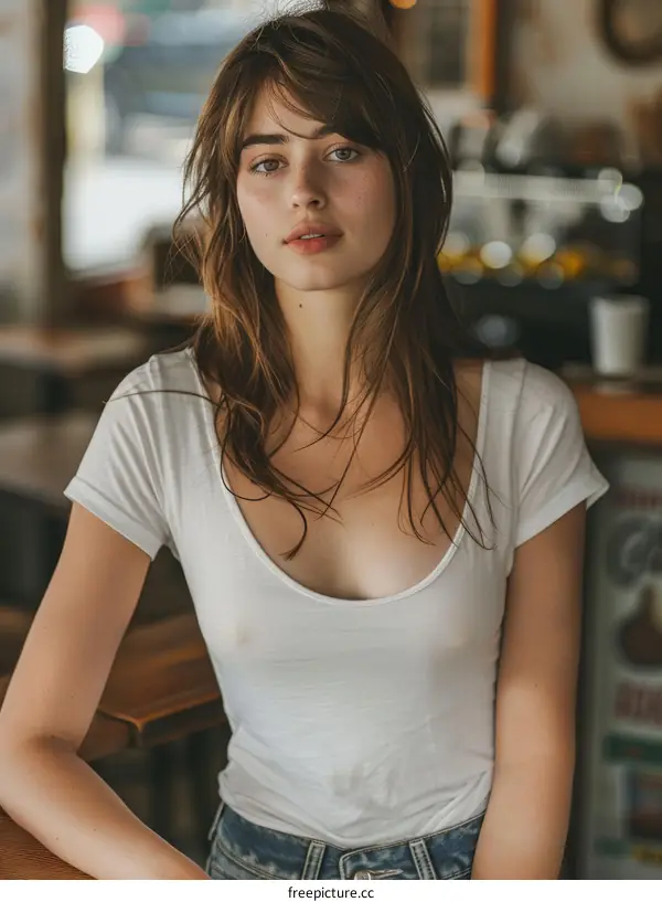 Portrait of a young woman with long brown hair and freckles
