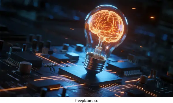 Light Bulb with Brain Inside on Circuit Board