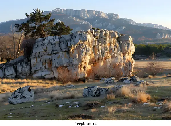 Giant rock formation in a field with mountains