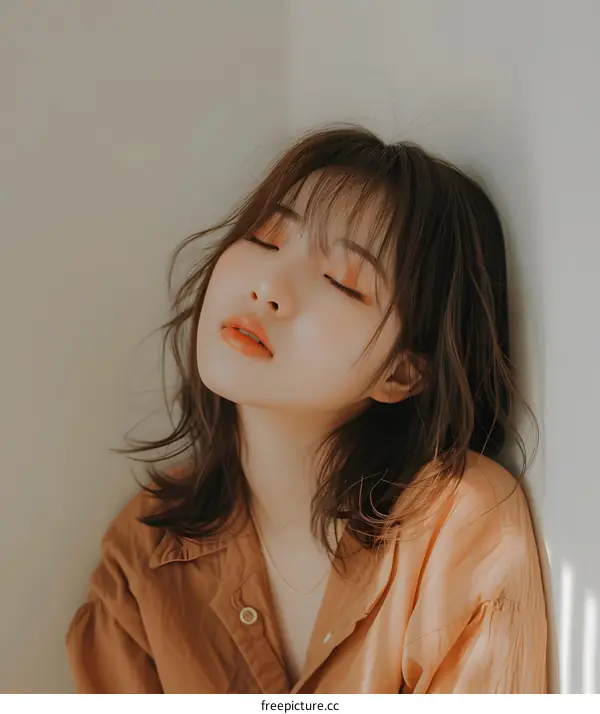 Young Asian Woman with Brown Hair and Closed Eyes