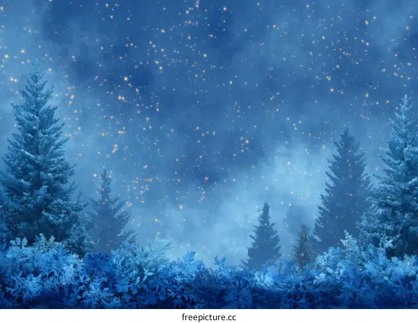 Winter Night Forest with Snow and Stars