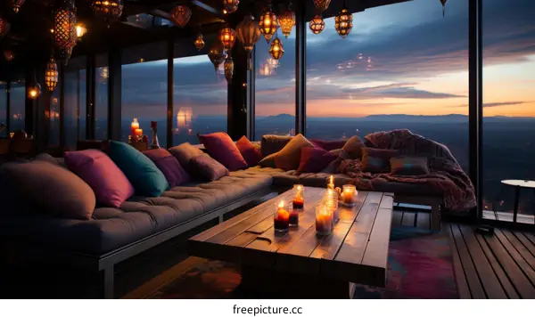 A cozy living room with a view of the mountains