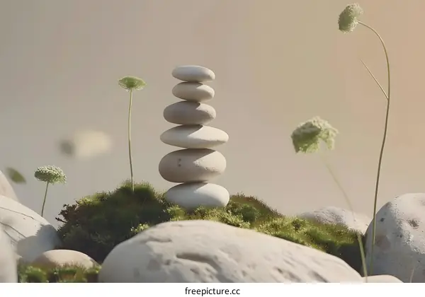Balanced Stones on Moss with Wildflowers