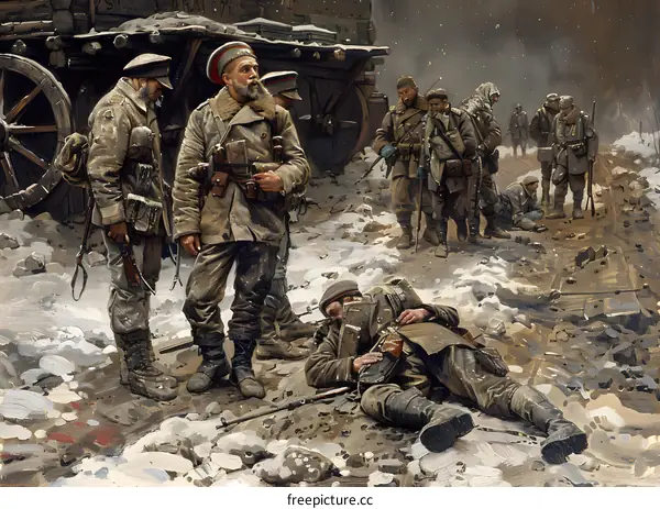 A group of soldiers in winter uniforms are walking through a snowy forest.